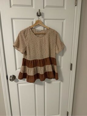 Paper Crane Cream and Brown Tiered Short-Sleeve Cottage Core Top